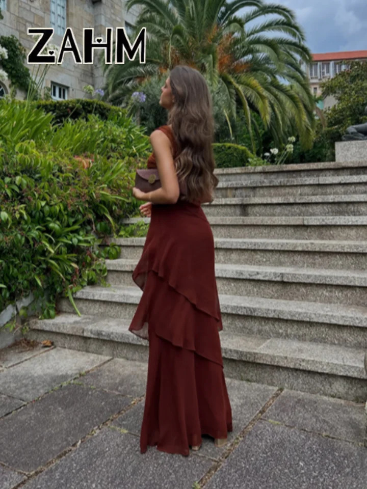 Elegant Patchwork Women's Dress Sleeveless Cascading Ruffle Skew-Collar Lady Long Dresses Summer Chic Female Vacation Robe 260920