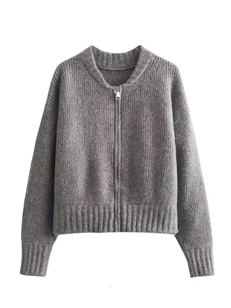 Vintage Women's Jackets HH Women Solid Color Coat Long Sleeve Round Neck Sweater Jacket 2024 Spring Female Casual Zipper Sweater Coats C260921