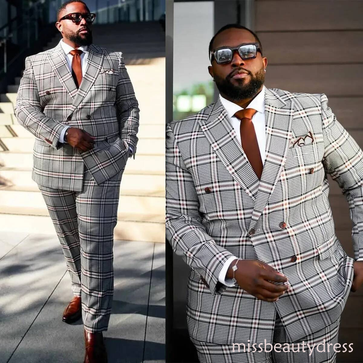 Vintage Men Suits Peaked Lapel Plaid Tailor Made 2 Pieces Set Jacket Check Double Breasted Blazer Groom Customized Coat+Pants Plus Size Bd921