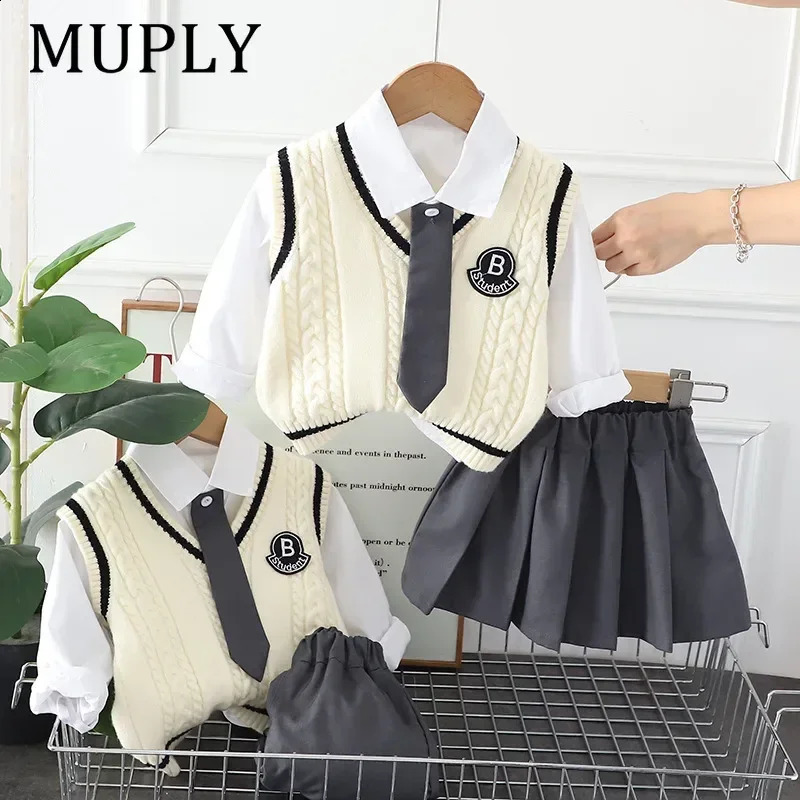 Fashionable Autumn Winter Children's Clothing Set Striped Tie Vest Long Sleeve Three-piece Suit for Boys And Girls 260920