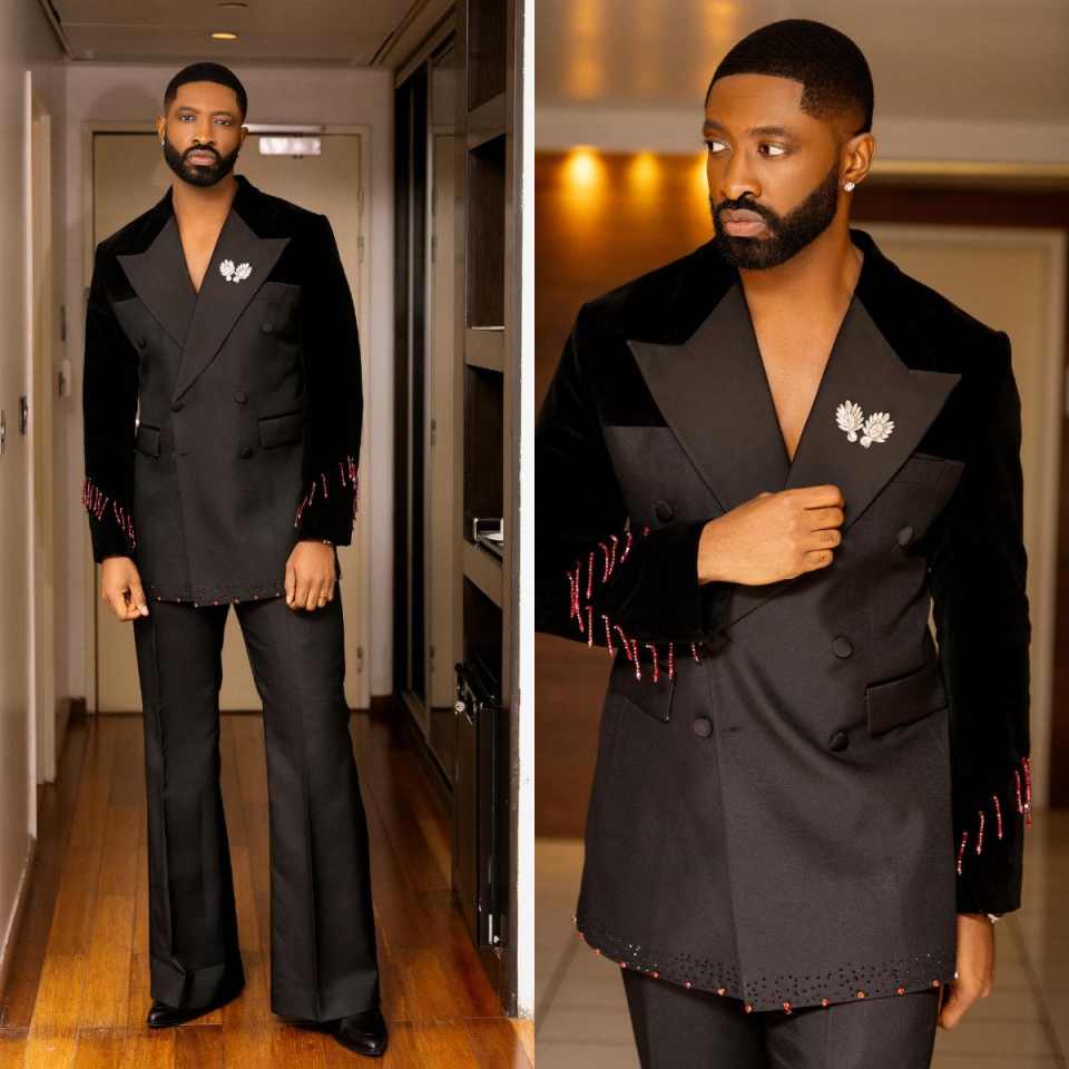 Abito da uomo di lusso 2 pezzi doppio petto ricamo dettaglio cappotto pantaloni larghi abito premium per banchetti occasioni formali personalizzate