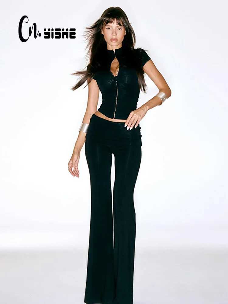 Women's T-Shirt CNYISHE Lace Buckle Women Sets Fashion Cool Half High Collar Short Sleeve Sheath Chic Tees Solid Female Suits Trendy Sexy Pants