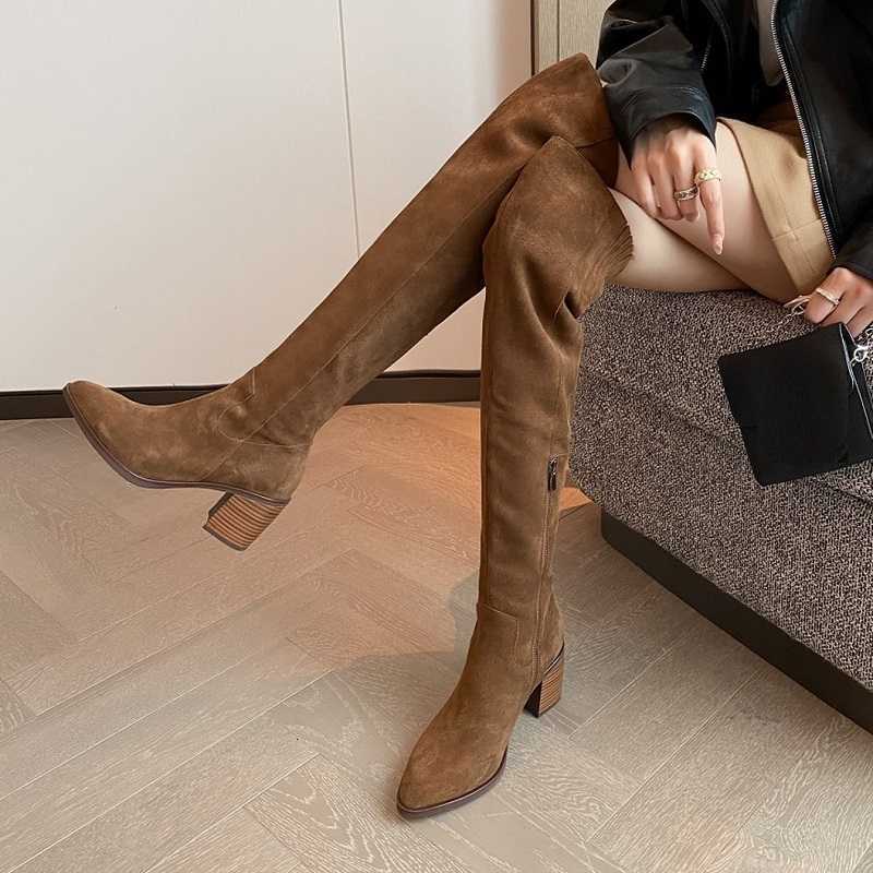 Boots Boots Over Knee High Side Zip Pointed Toe Spring Autumn Woman Cowsuede Boots Chunky Heel Winter Boots Warm Shoes Large size 41 H260921