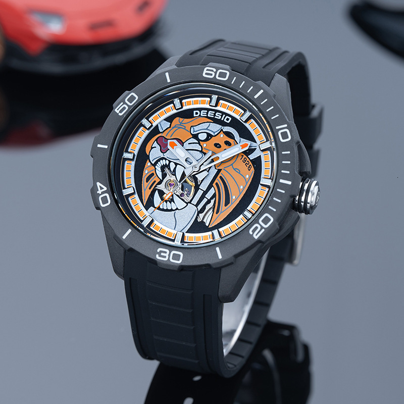 Mens Automatic Mechanical Watch Tiger Head Skeleton Dial Red Silicone Strap Luminous Waterproof Sport Wristwatch Fashion
