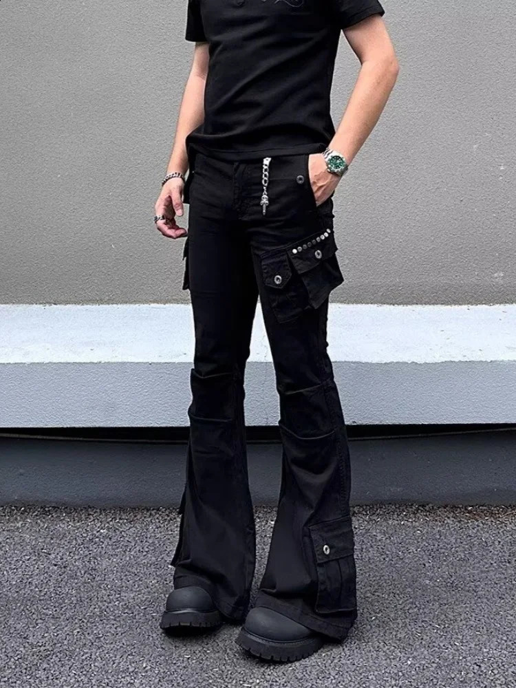 2026 Ropa Y2K Fashion Multi Pockets Black Slim Flared Jeans Pants Men For Clothing Casual Cotton Long Trousers Moda Hombre 260921