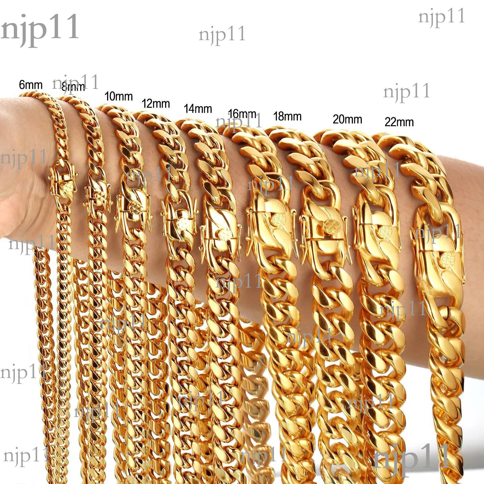 6-22mm Hip Hop Stainless Steel Miami Cuban Link Chain Bibcock Clasp Mens 18K Real Gold Plated Jewelry
