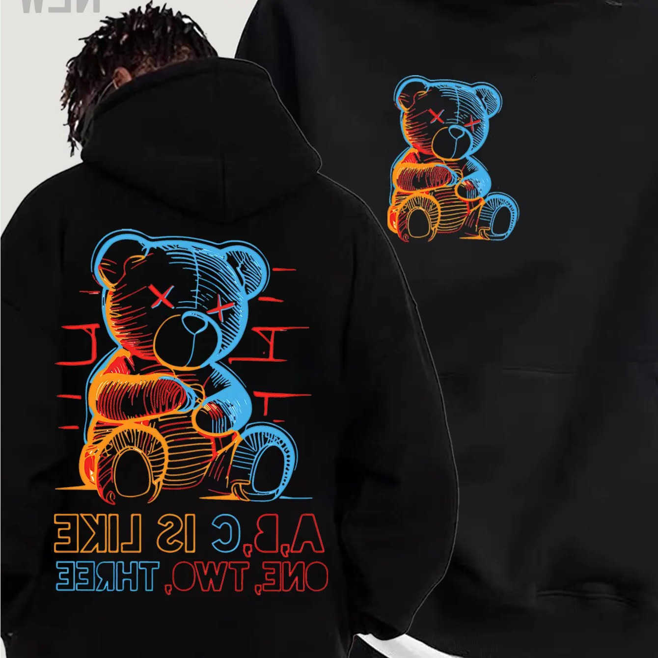 -Sudaderas con forro Sudaderas con capucha para hombre Sudadera con capucha con osito de peluche X-Eye de neón Letra ABC Estampado reversible Hip Ho