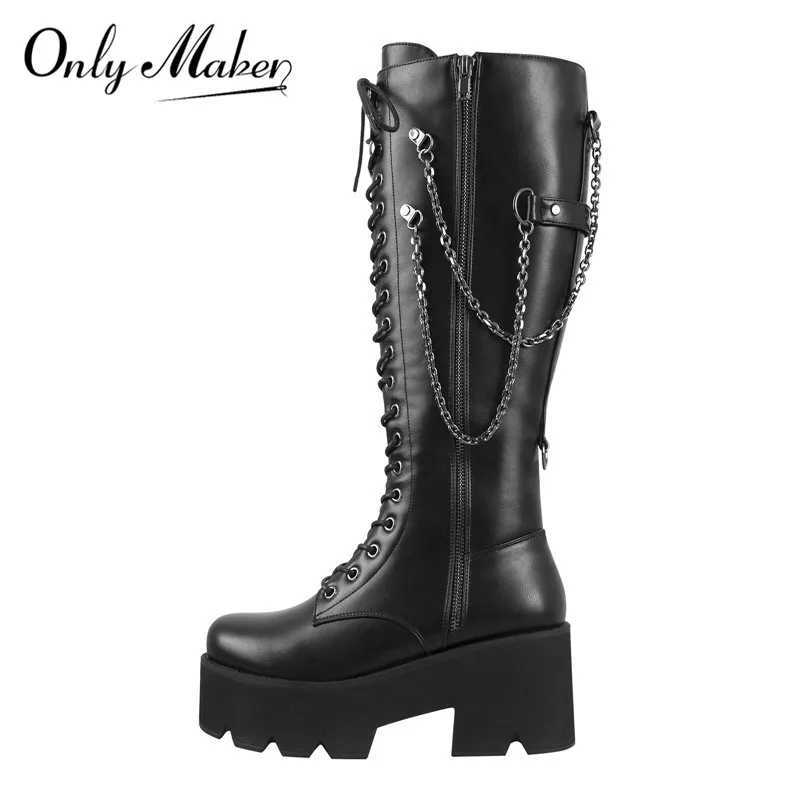 Onlymaker Platform Women Punk Booties Black PU Lace Up Mid Calf Chunky High Heels Side Zip Big Size Motorcycle Boots L26921