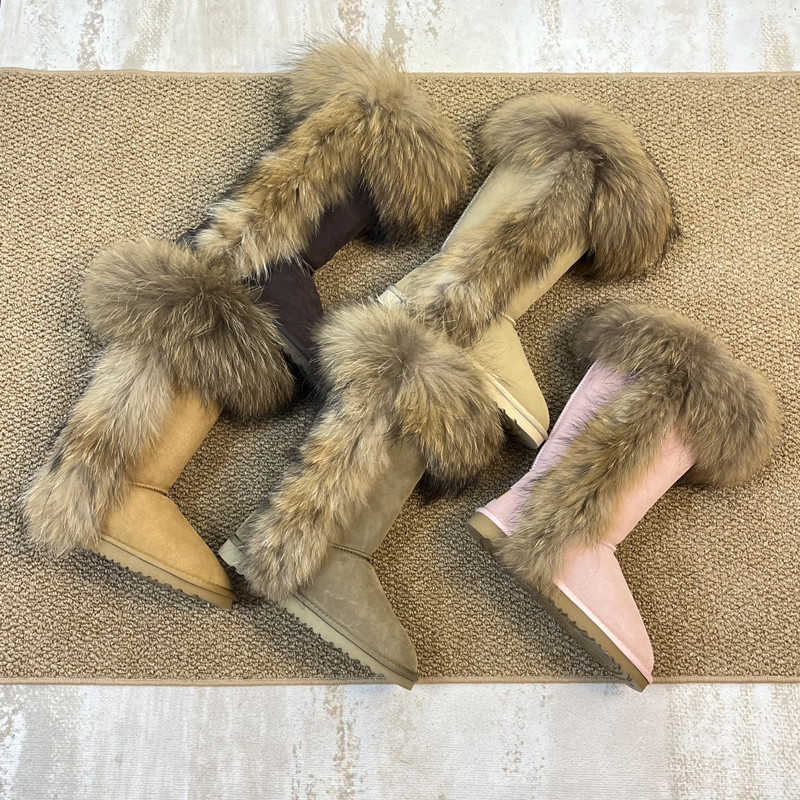 Botas de nieve para mujer, botas altas con piel de zorro, piel auténtica, talla grande, forradas de algodón, botas cálidas de invierno con forro de