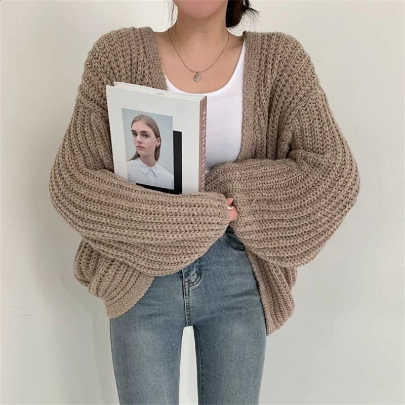 Fashion Chic Loose Sweater Women Vintage Solid Color Lantern Sleeve Cardigan Thick Needle Knitted Tops 2026 Autumn Female Coats 260915