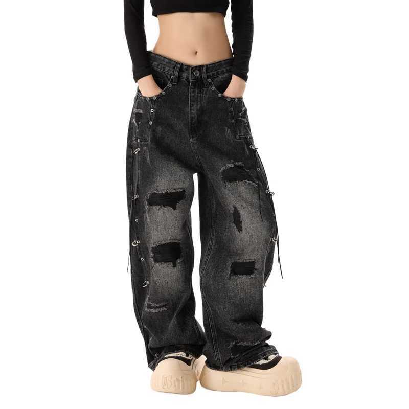 Men's Fashion High Street Ripped Jeans Pants Streetwear Loose Fit Vibe Style Hip Hop Denim Trousers Wide Leg Distressed Baggy S260921Y4M4