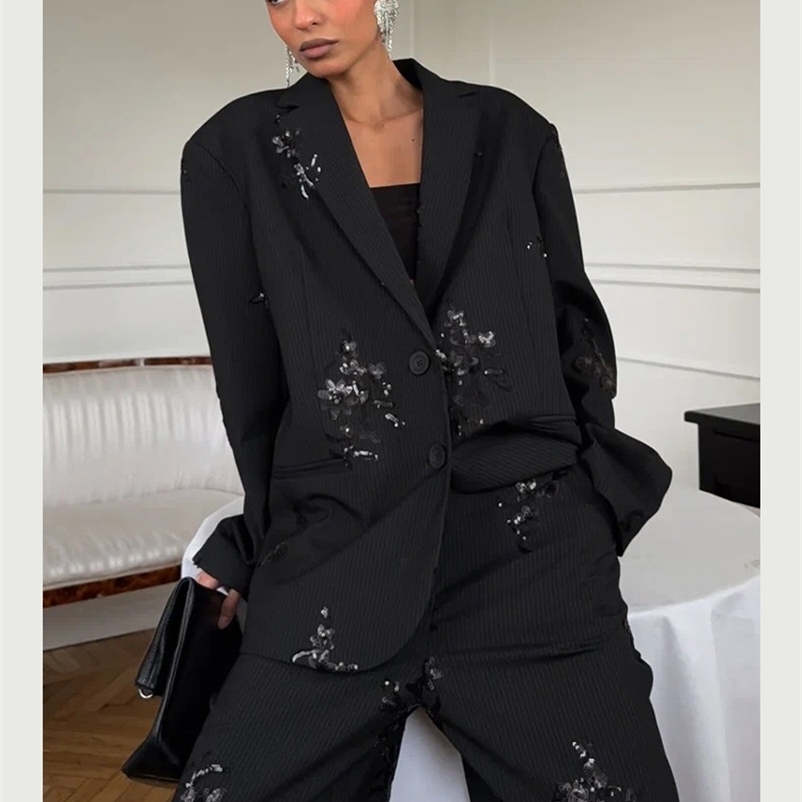 Black Sequin Embroidery Blazer 2 Piece Set Women Chic Full Sleeve Lapel V-neck Loose Wide Leg Pants Suit Lady Spring Autumn Wear 260918CJ