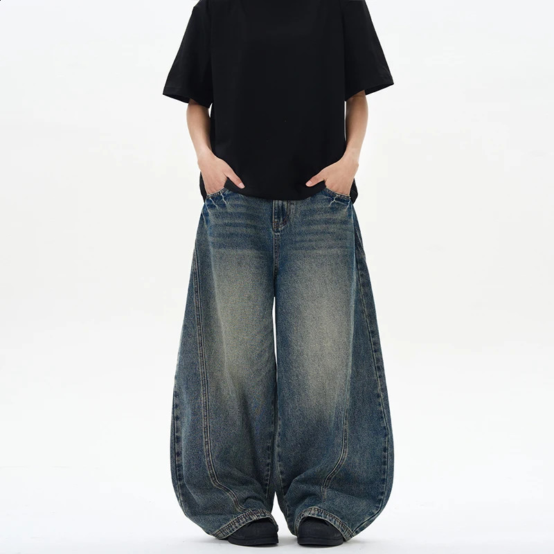 Spring Men's Jeans Oversized Wide Leg Pants Loose Vintage Patchwork Lightning Cracked Denim Trousers Streetwear Male 260920