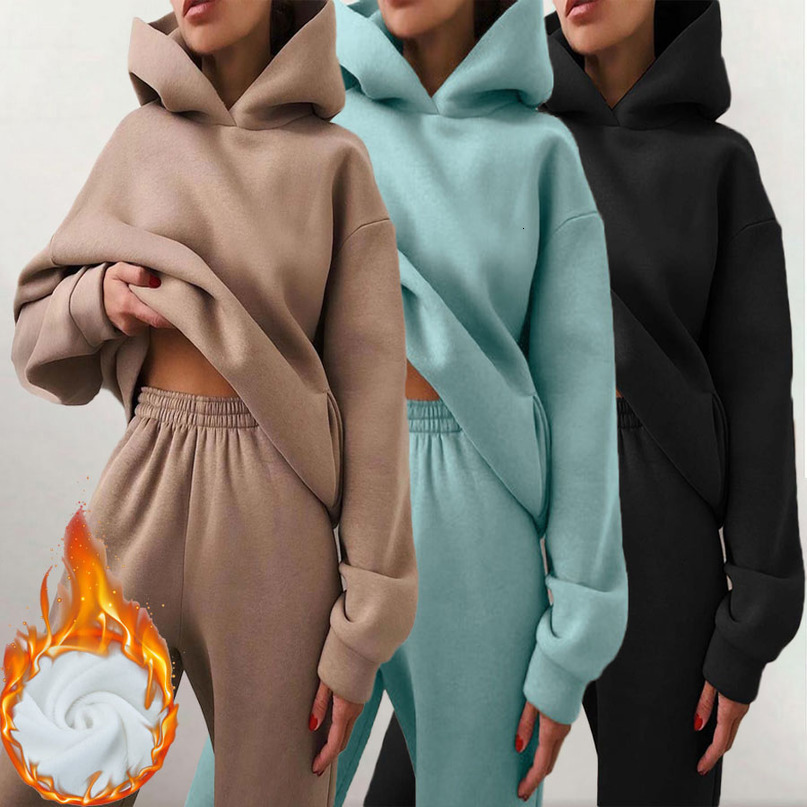 Womens Tracksuit Suit Winter Fashion Warm Hoodie Sweatshirts Two Pieces Oversized Solid Casual Hoody Pullovers Long Pant Sets 260921