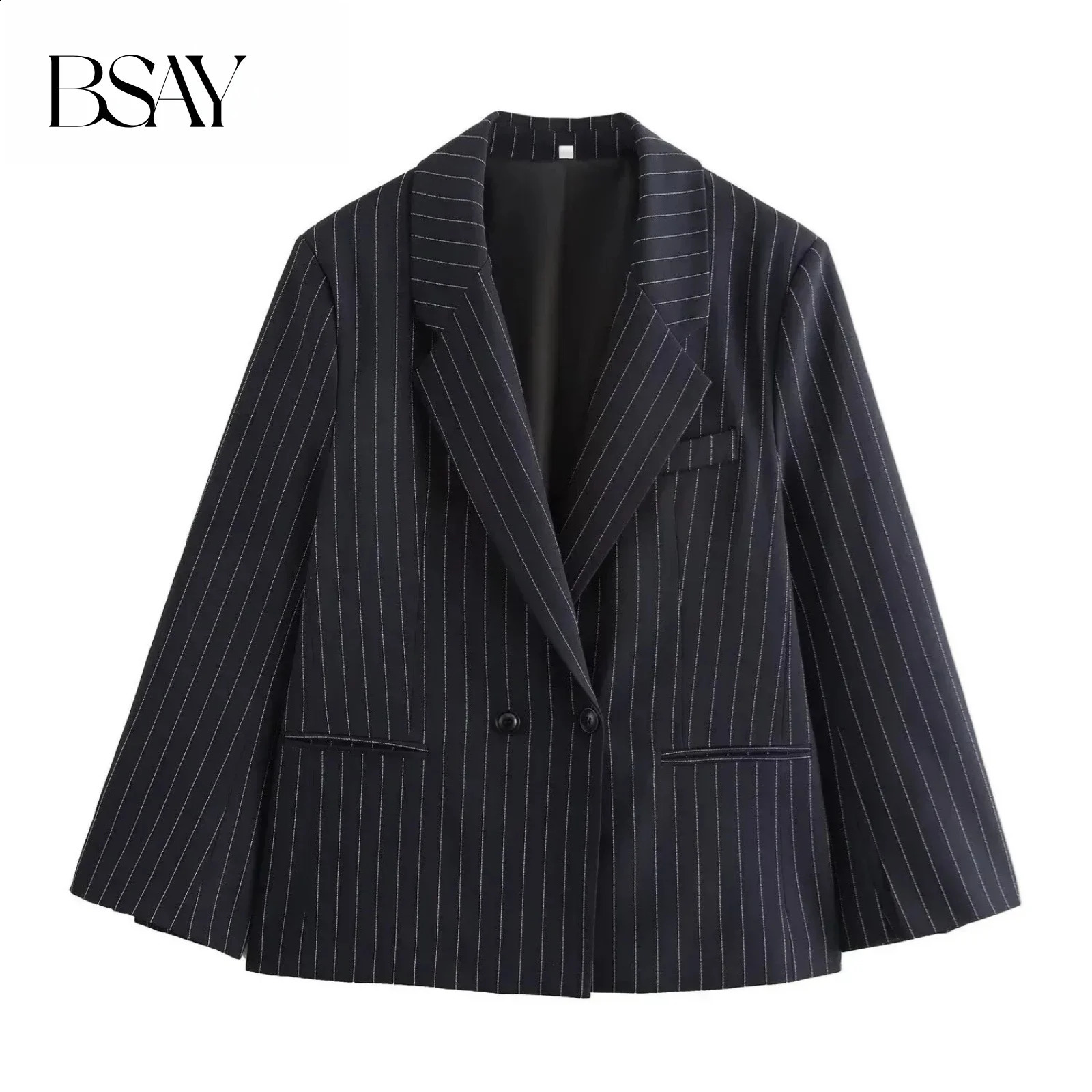 BSAY Blazers for Women Fashion Autumn Winter Loose Fine Stripes Long Sleeve Doublebreasted Suits Jacket Chic Female Suit Coat 260921