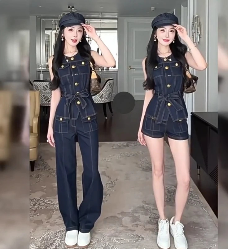 2026 women's Japanese retro denim vest spring waist style high-end sleeveless top denim trousers 260921