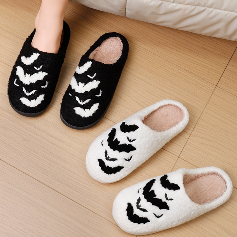 Leather Home Shoes Slippers With Embroidered Bat Pattern Fleece Lined Thick Sole Non Slip Indoor Wear For Women Black White
