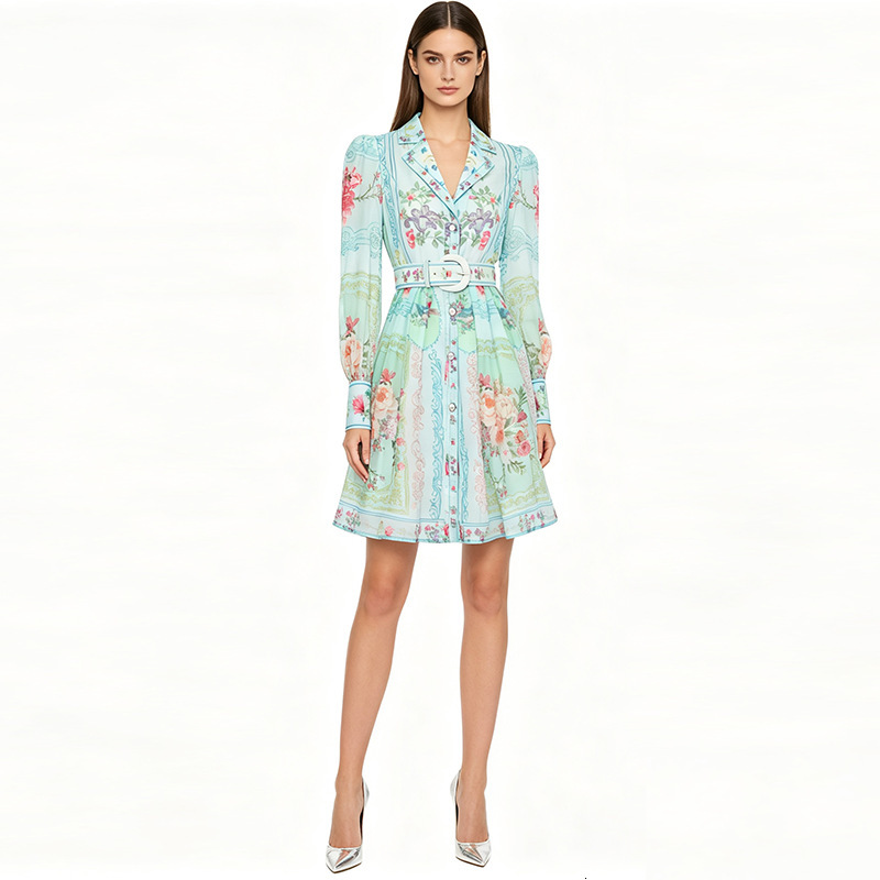 Spring Summer Women New Palace Style Printed Shirt-Style Short Dress