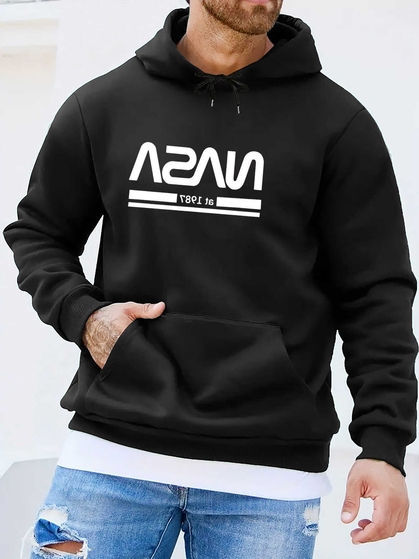 casual Men's Hoodies Sweatshirts Loose hoodie long-sleeved warm sweater for men's autumn and winter fashion clothing with NASA text patter
