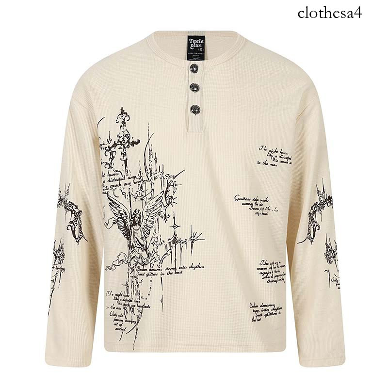 2026 Autumn New American-Style Trendy Brand Rune Print Waffle Henley Long Sleeve T-Shirt Men's Versatile Top