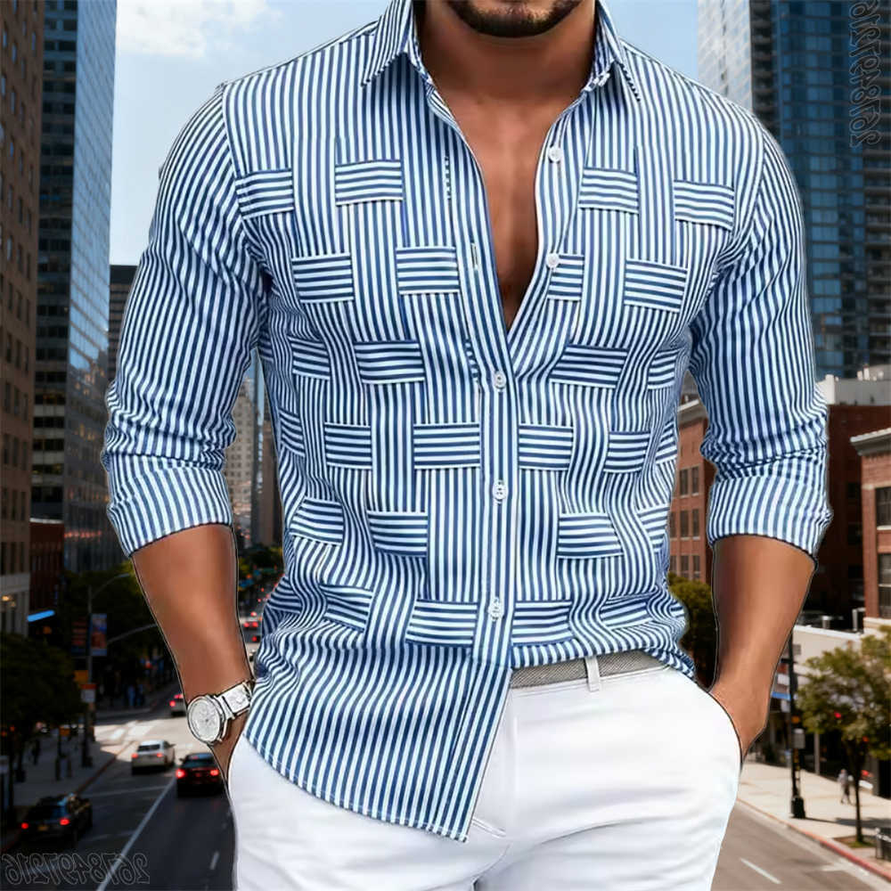 Colors Men's Casual Shirts 15 Men's Fashionable Blue and White Striped Woven Pattern Long SLeeve Shirt Wrinkle-Resistant Non-Top H260921