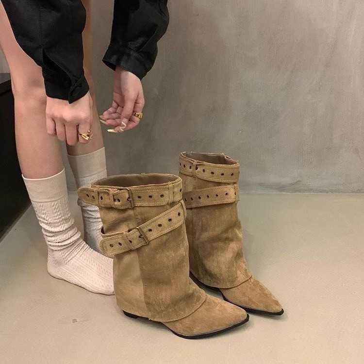 Botas de tacón Vintage puntiagudas y gruesas para mujer, botas de tubo, cinturón de moda, botines elegantes sin cordones modernos a media pantorrill