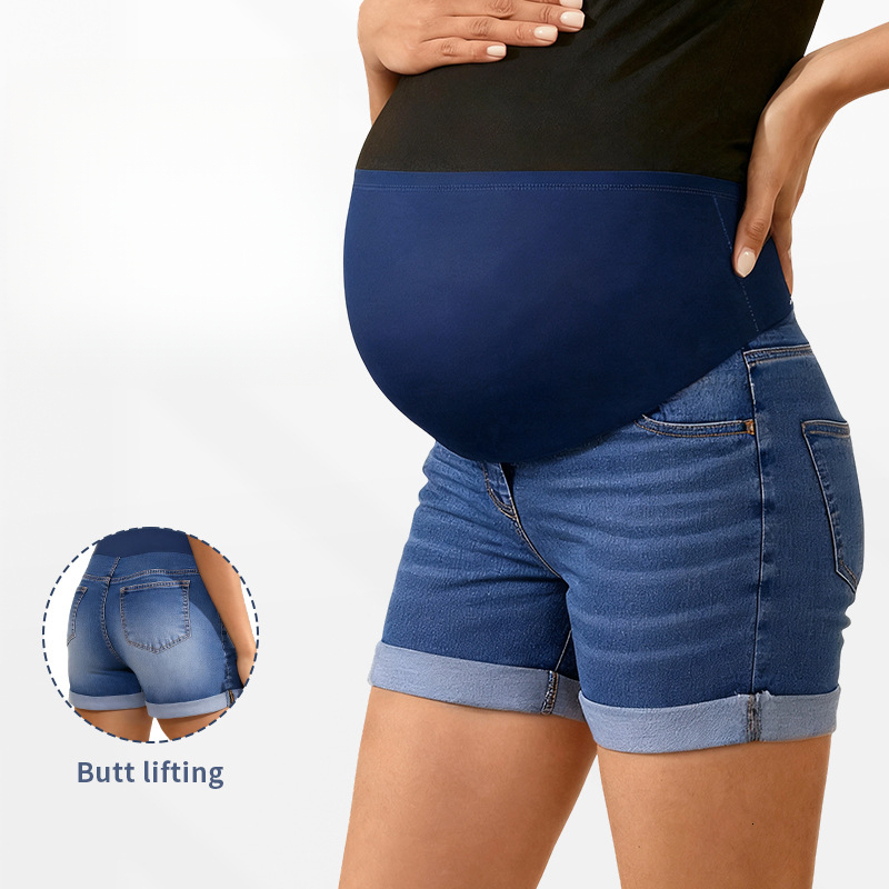 Designer yoga clothing New Fashion Belly Support Denim Shorts for Women Summer Factory Direct Rolled Hem Maternity Denim Shorts for Outerwear