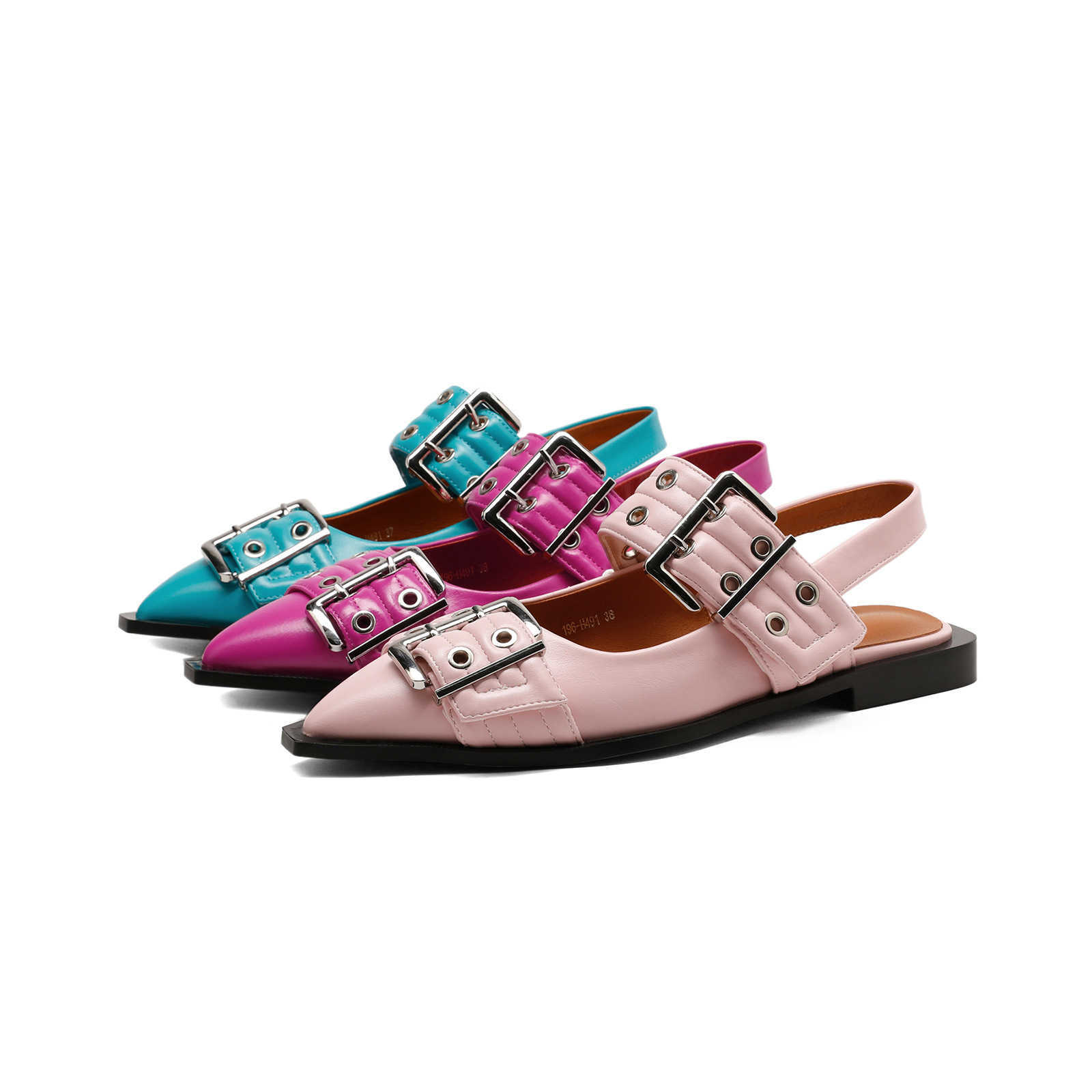 Slippers Studded Pointed Toe Mules Spring Summer New Metal Belt Buckle Open Back Sandals for Women
