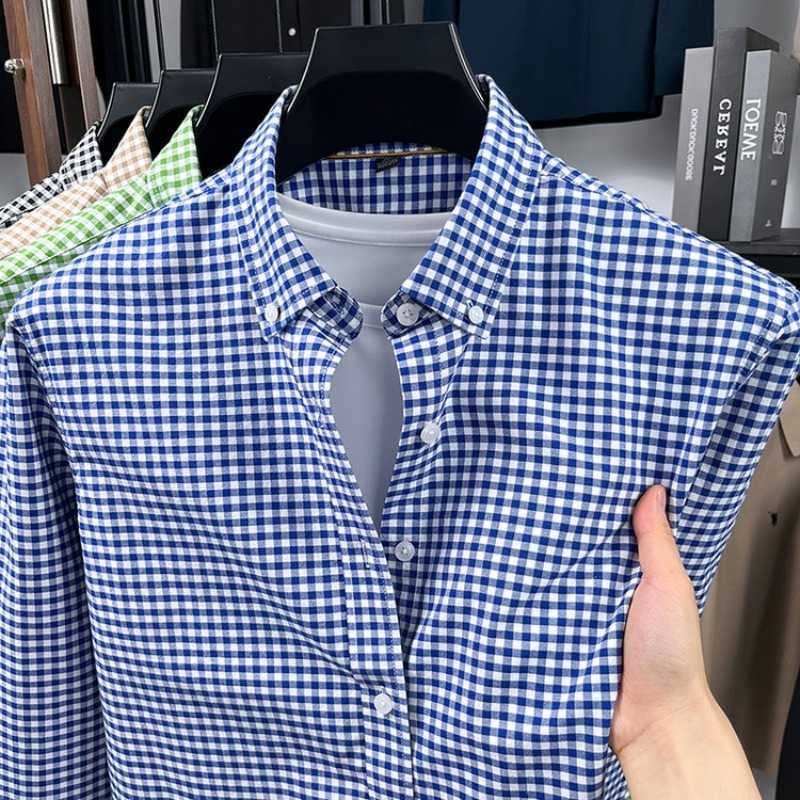 Cotton Men's Casual Shirts 100% Oxford Shirt Retro Small Check Pattern Long Sleeve for Spring and Autumn Casual Turn-Down Collar Men H260921
