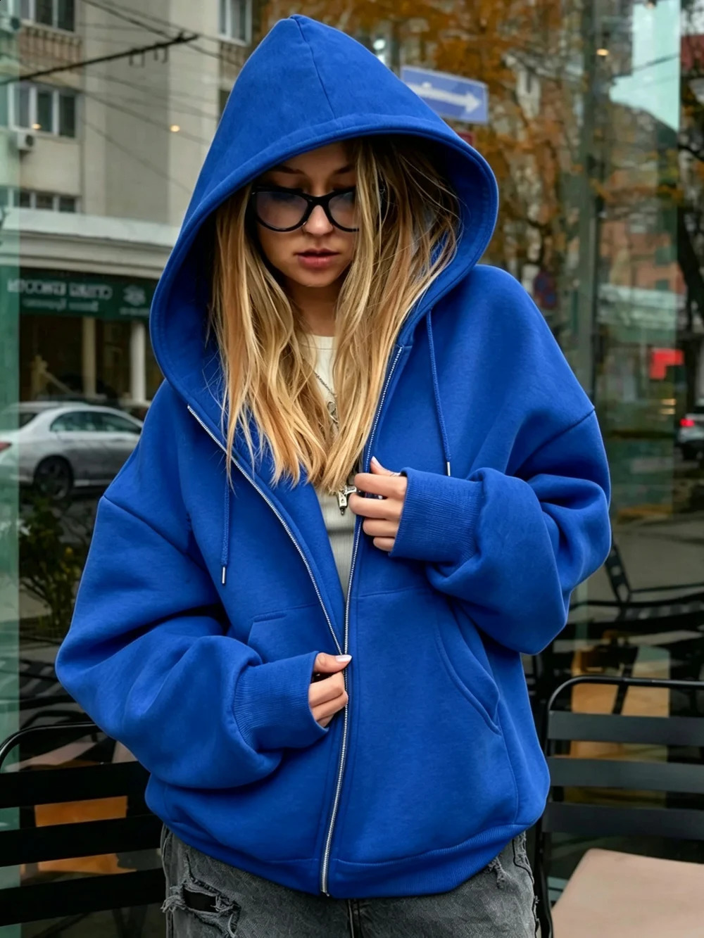 Winter Solid Color Zipper Hoodies Womens Basics Fleece Warm Jacket Loose Pocket Hooded Coat Sporty Jogging Comfortable Outerwear 26921