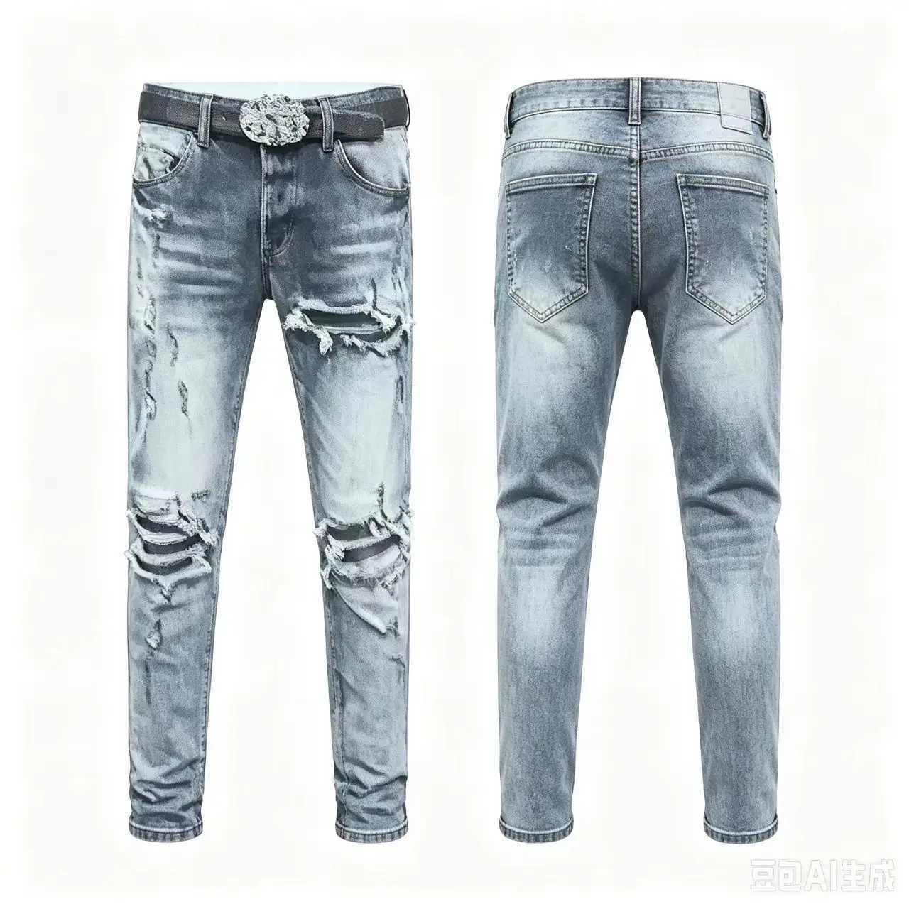 High Street Fashion New Men's Jeans with Broken Patches Washed Nostalgic Stretch Slimming Black Grey Jeans Hip Hop Brand Pants S26092136F5
