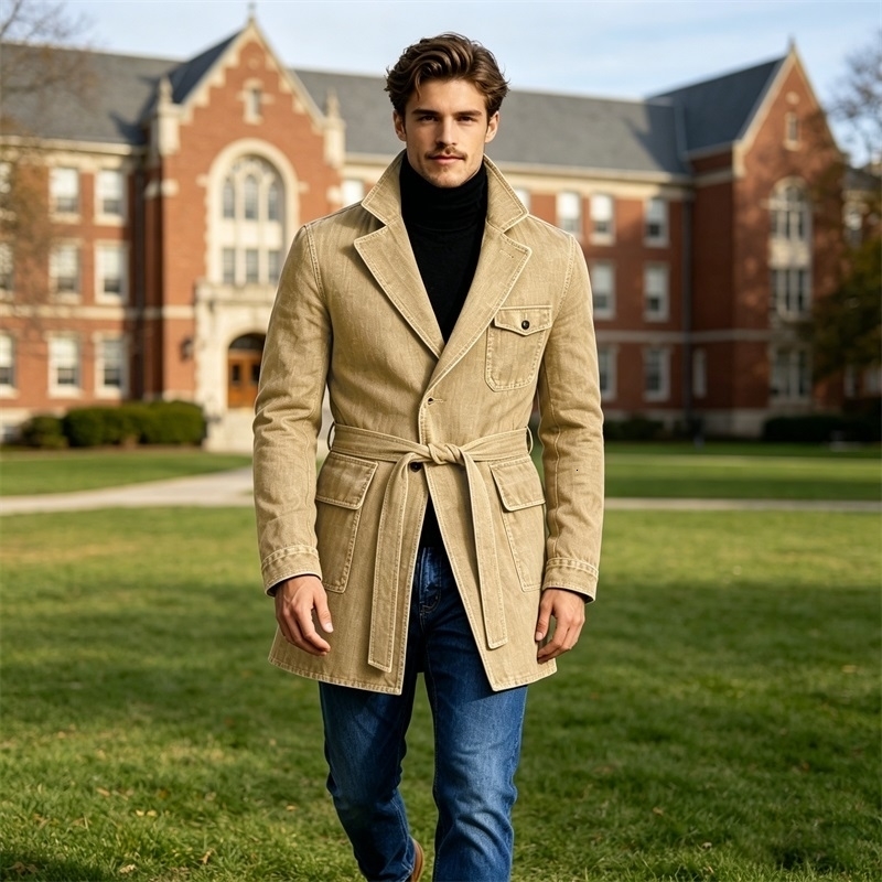 Men's Vintage Mid Length Belted Denim Trench Coat Notched Lapel Casual Workwear Outerwear Stylish Daily Streetwear Jacket y260920