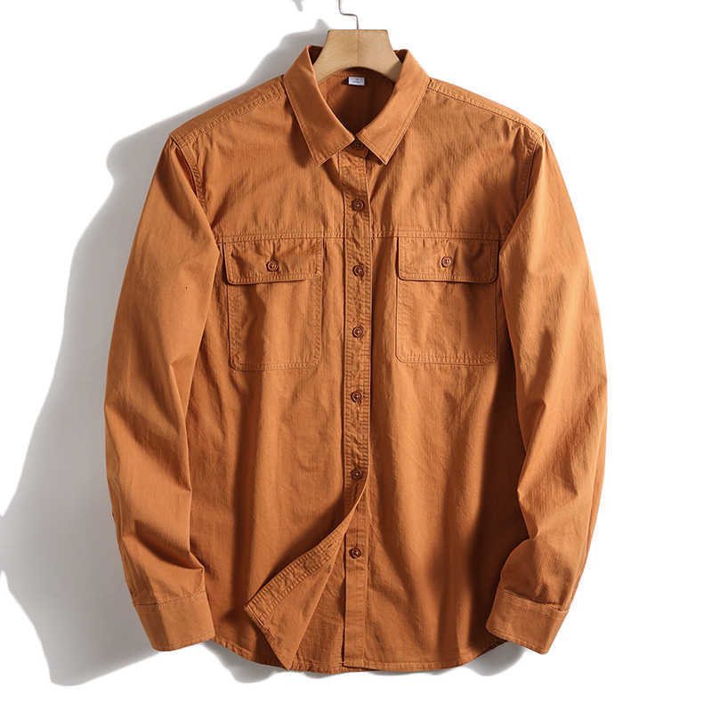 Men's Men's Casual Shirts New Business Fashion Casual Day All Cotton RETRO Gentleman Solid Color Working Double PoCKet Long Sleeve Shirt H