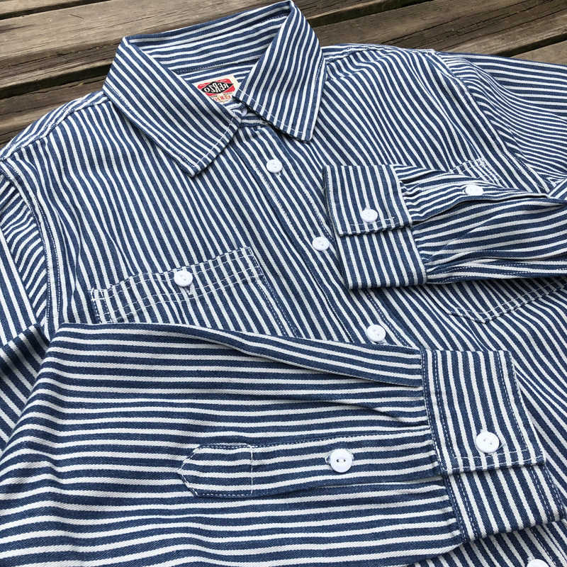 Casual Shirts American Blue-white Men's Vertical Stripe Vintage Casual Style Shirt for Men Japanese Heavy Pure Cotton Double-pocket Workwear Sh