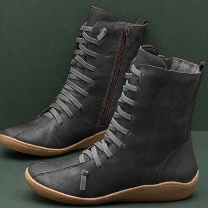 Botas de invierno Botas nuevas mujeres zapatos planos de cuero suave para mujeres moda a juego piel con cordones botines mujeres zapatos de mujer H2