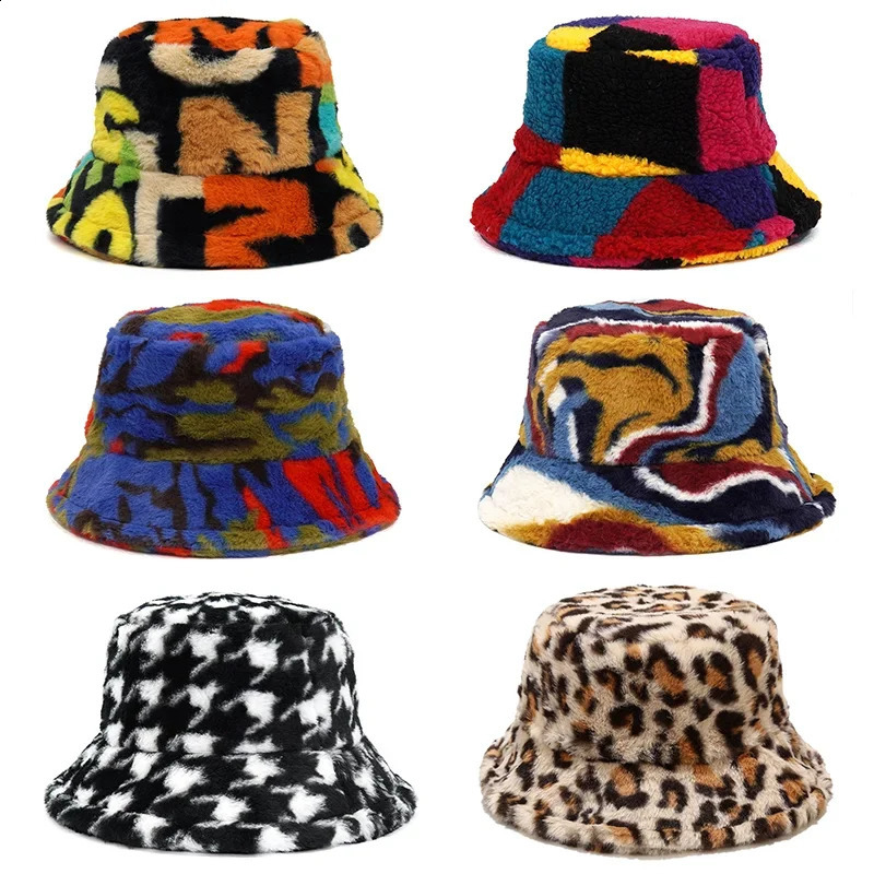 Winter Bucket-Hats Fluffy Fur Men Women Panama Hat Fashion Warm Fisherman Cap Letter Rainbow Houndstooth Leopard Printed 260921