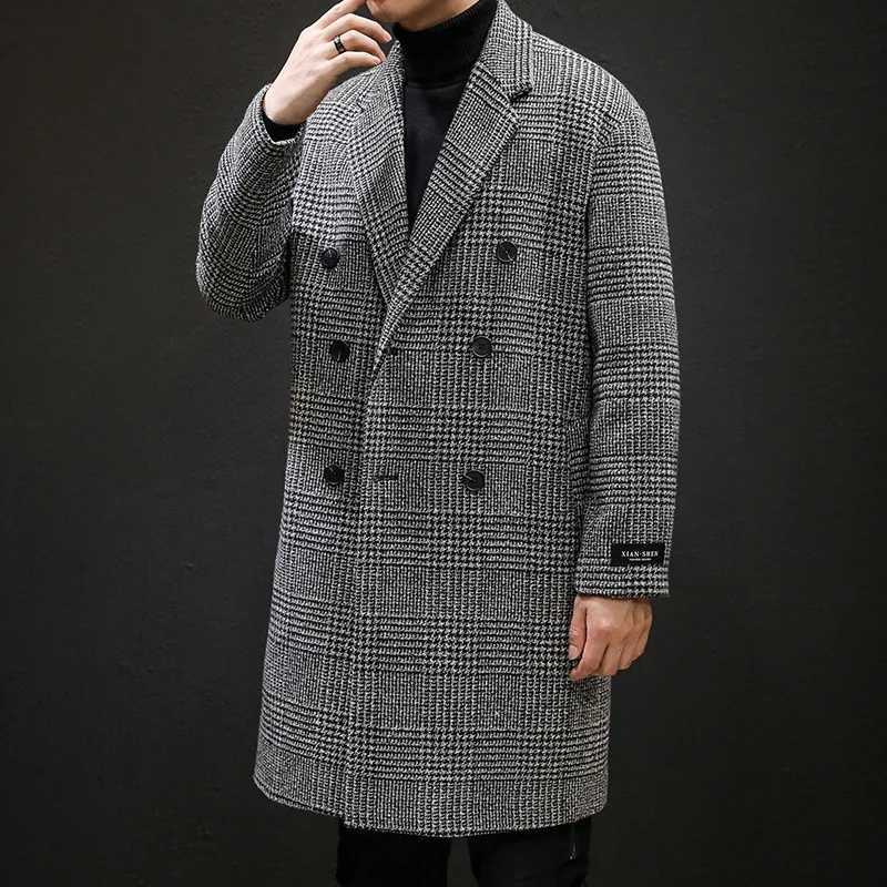 YASUGUOJI Blends Men's Casual Wool Double Breasted Mens Wool Overcoat Winter 2025 Houndstooth Jacket Men Turn-down Collar Long Woollen Wind Coa