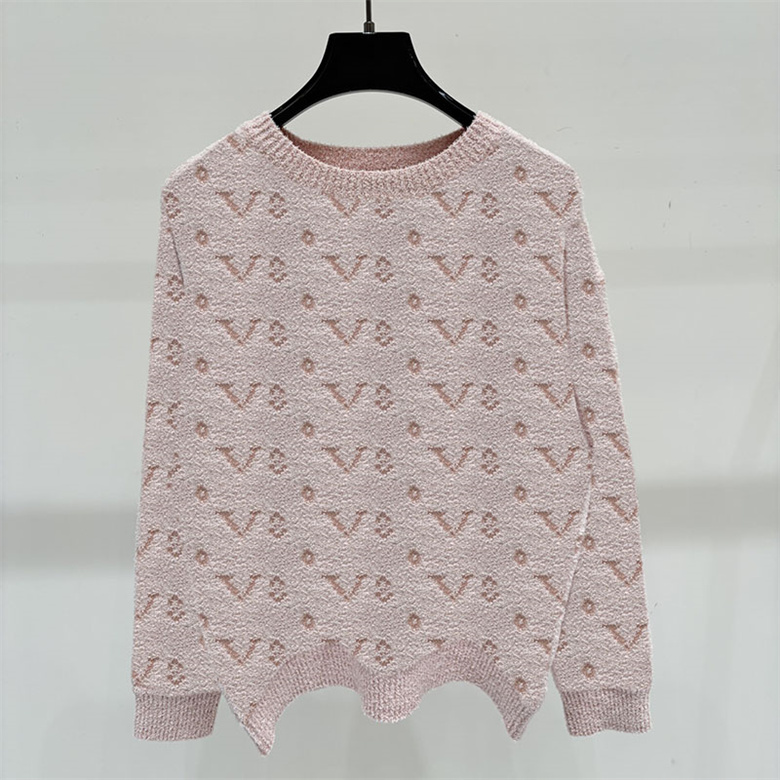 Luxury Woman Elegant Pink Knit Shirt Long Sleeve Letter Jacquard Sweet Versatile Sweater Autumn Winter Date Vacation Daily Casual Wear
