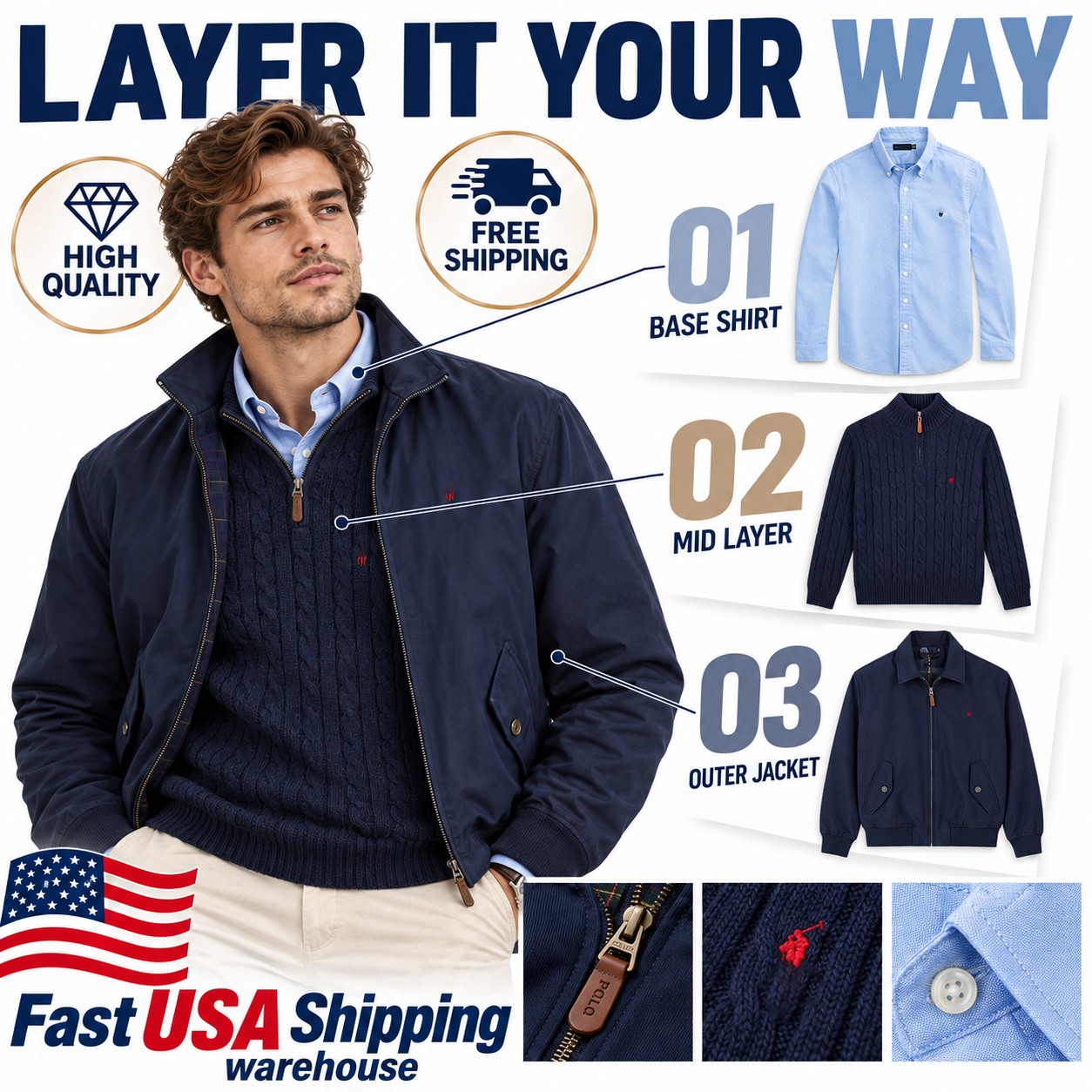 Polo Ra1phrly Mens Luxury Casual 3 Piece Outfit Set Button Down Shirt Half Zip Knit Sweater Lightweight Jacket Classic Smart Casual Fashion Autumn W