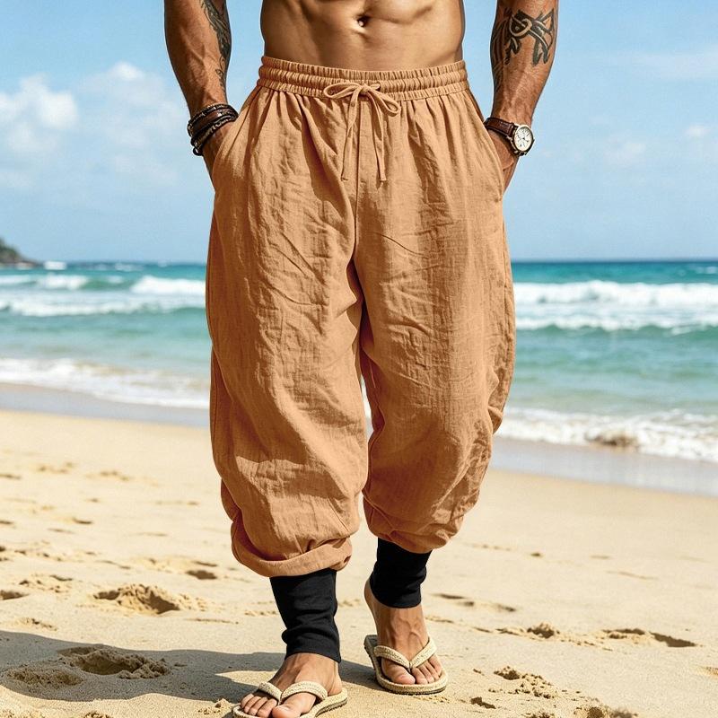 Designer 2026 nouveau lin pantalon de jogging décontracté été respirant cordon plage vacances couleur bloc coupe ample pantalons longs