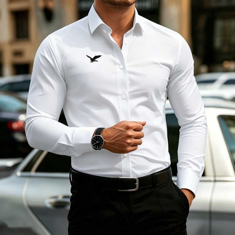 Business Men's Casual Shirts Men's White Long Sleeved Shirt with Simple Bird Print Men's Shirt Fashion Collar Design Business Casual