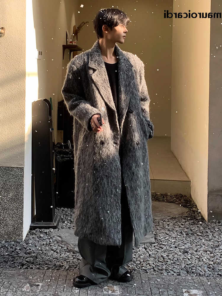Wool Blends Mauroicardi Autumn Men's Winter Oversized Long Thicken Warm Grey Woolen Coat Men Shoulder Pads Double Breasted Wool Blends Overcoat