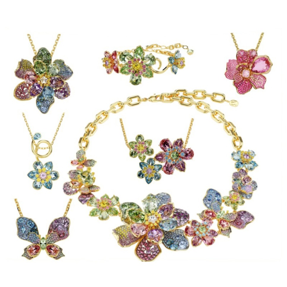 Colorful Flower Butterfly Jewelry Set Gold Plated Necklace Bracelet Rings Earrings Women Fashion Luxury Crystal Rhinestone Gift Wedding Party Access