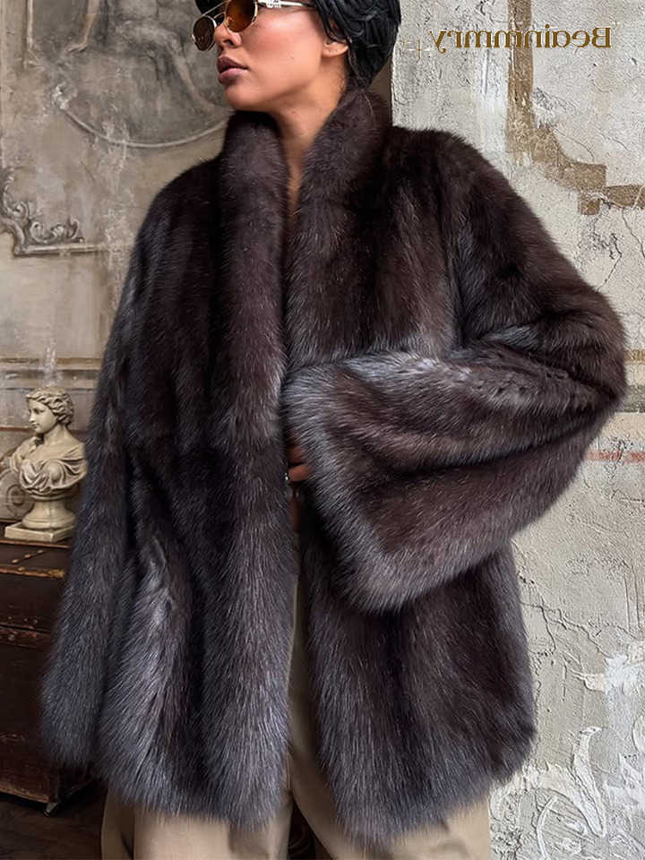 own Women ediu-length Fur Coat Lapel Hidden Button Loose Elegant Outerwear Fashion Office Lady Coute Overcoat New D260921