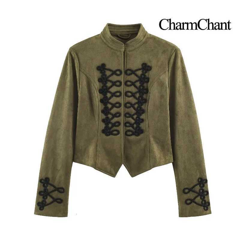 Women's Jackets CHARMCHANT Women's Retro Faux Suede Stand Collar Long Sleeve Cropped Jacket Knot Embroidery Decor Vintage Street Wear Fall