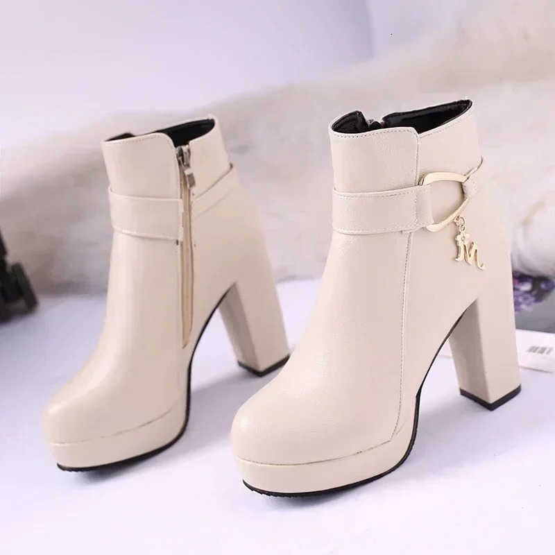 High Boots Fashion 2024 Women's Heel Autumn Winter Chunky Heel Platform Shoes Side Zippers Ankle Boots Plus Size 33-43 H260921