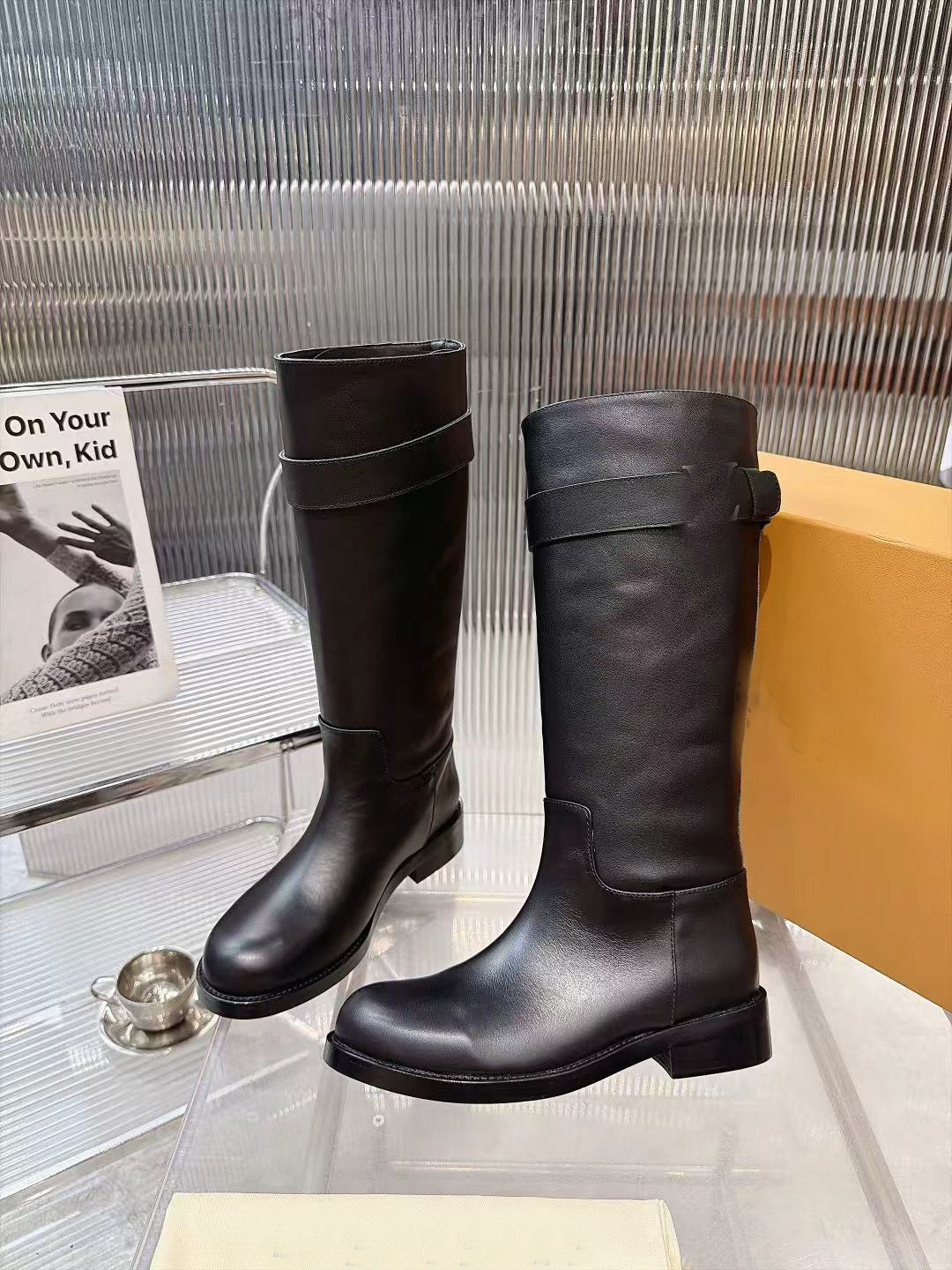 Botas de moto hasta la rodilla para mujer de marca, punta redonda, tacón bajo, hebilla, correa, botas altas, talla 35-41