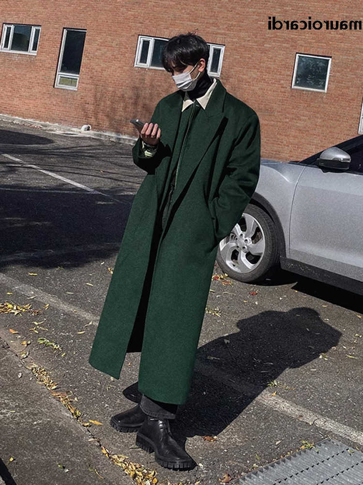 Autumn Men's Wool Blends Mauroicardi Winter Long Warm Oversized Soft Dark Green Black Woolen Coat Men Loose Casual Korean Wool Blends Overcoat