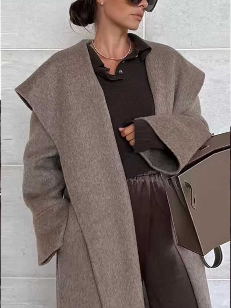 HH Women New Fashion Wide Turn-down Collar Woolen Jacket Winter Female Pockets Belt Decoration Warm Solid Long Coat Mujer T260829