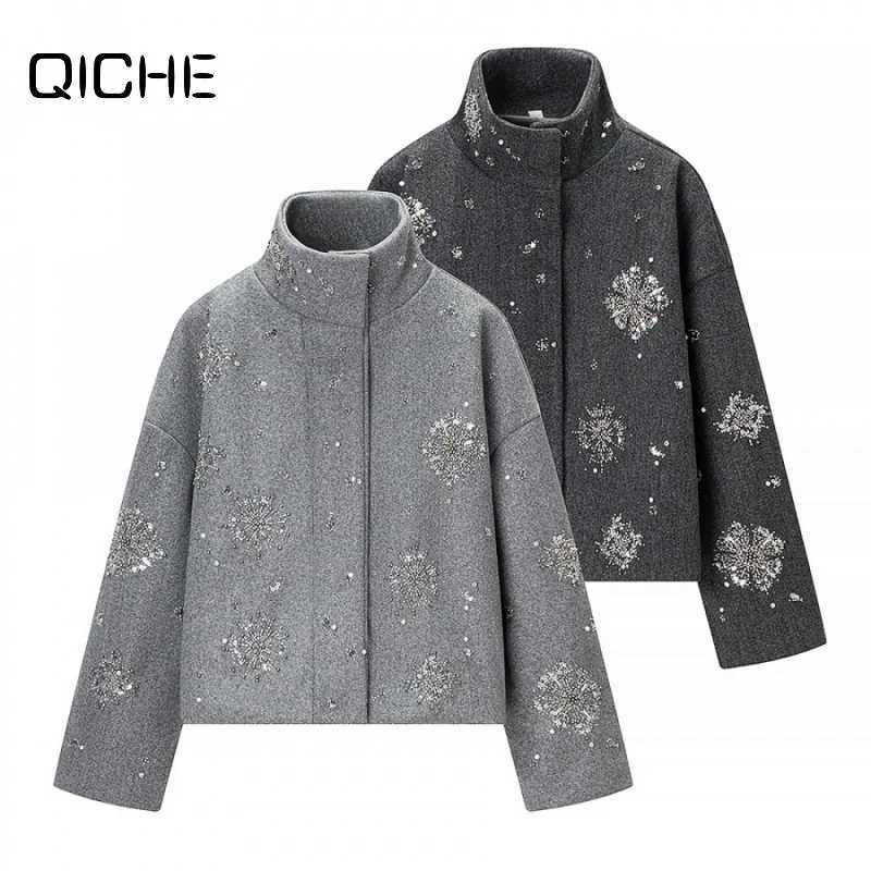 QICHE Women Floral Sequin Faux Wool Jacket Trendy Stand Collar Zip Up Coat Autumn Winter Fashion Outerwear T260829